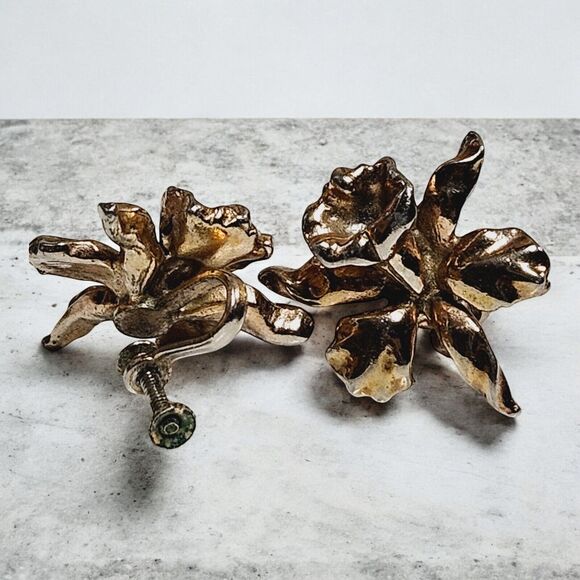 Vtg Jack In The Pulpit Screw Earrings Matching Brooch Set Gold Tone Iris Bundle - Picture 9 of 14